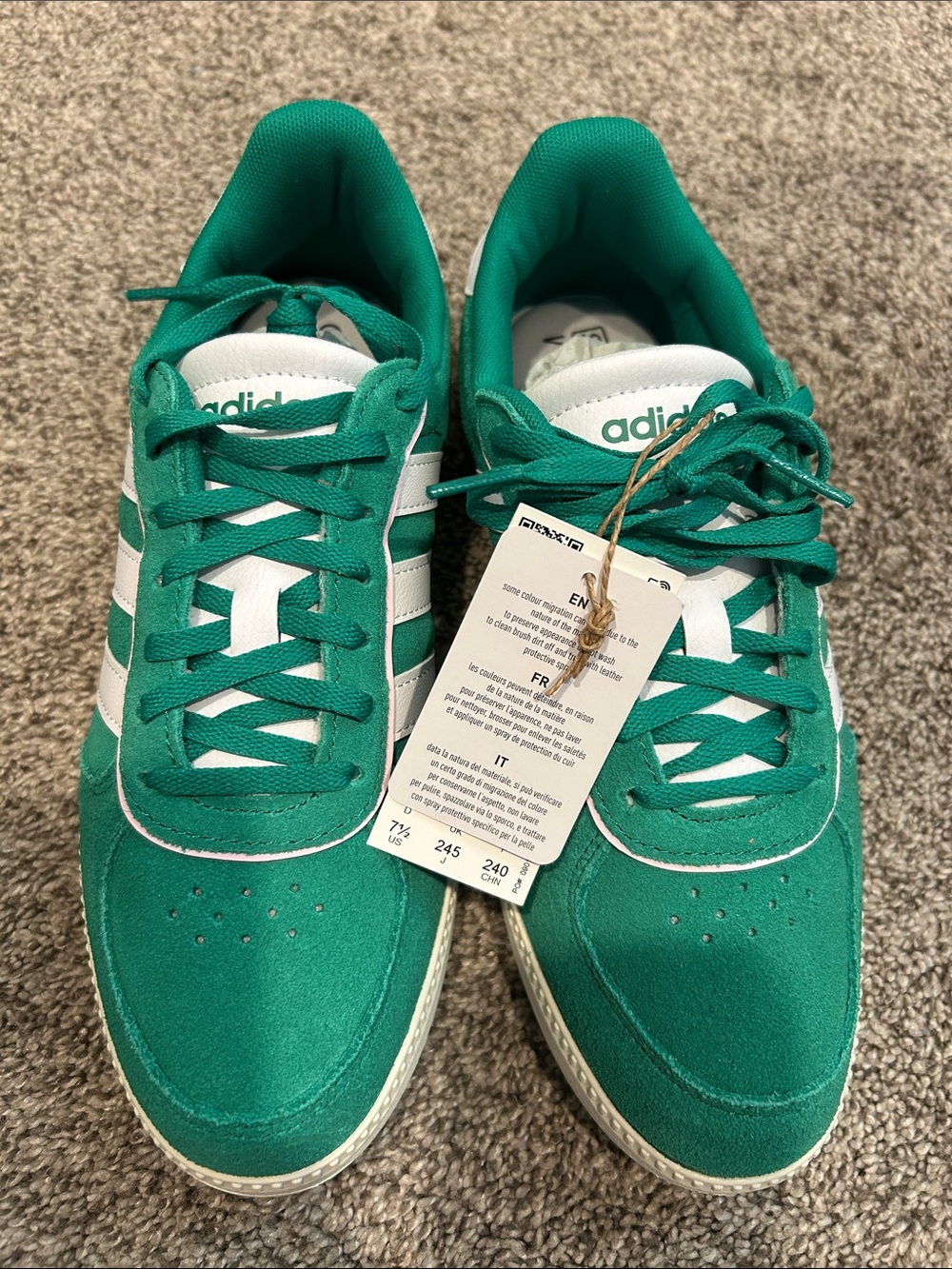 adidas Green Suede Low-Top Sneakers with White Stripes, light pink accent